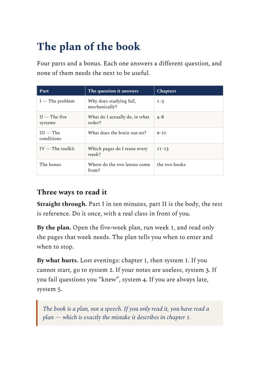 The plan of the book, page 11 of the guide