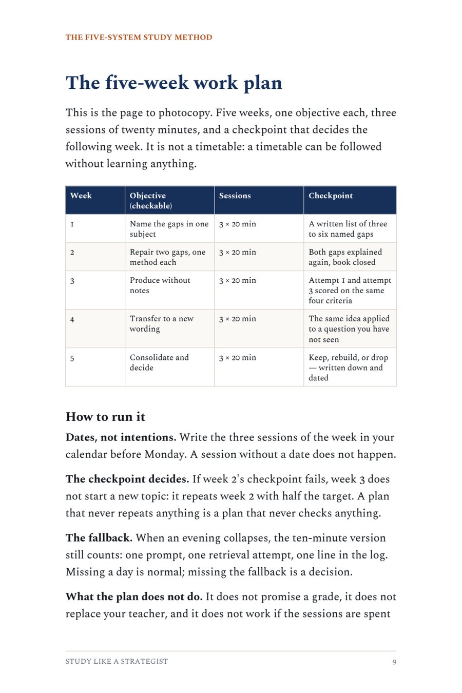 The five-week work plan, page 9 of the guide
