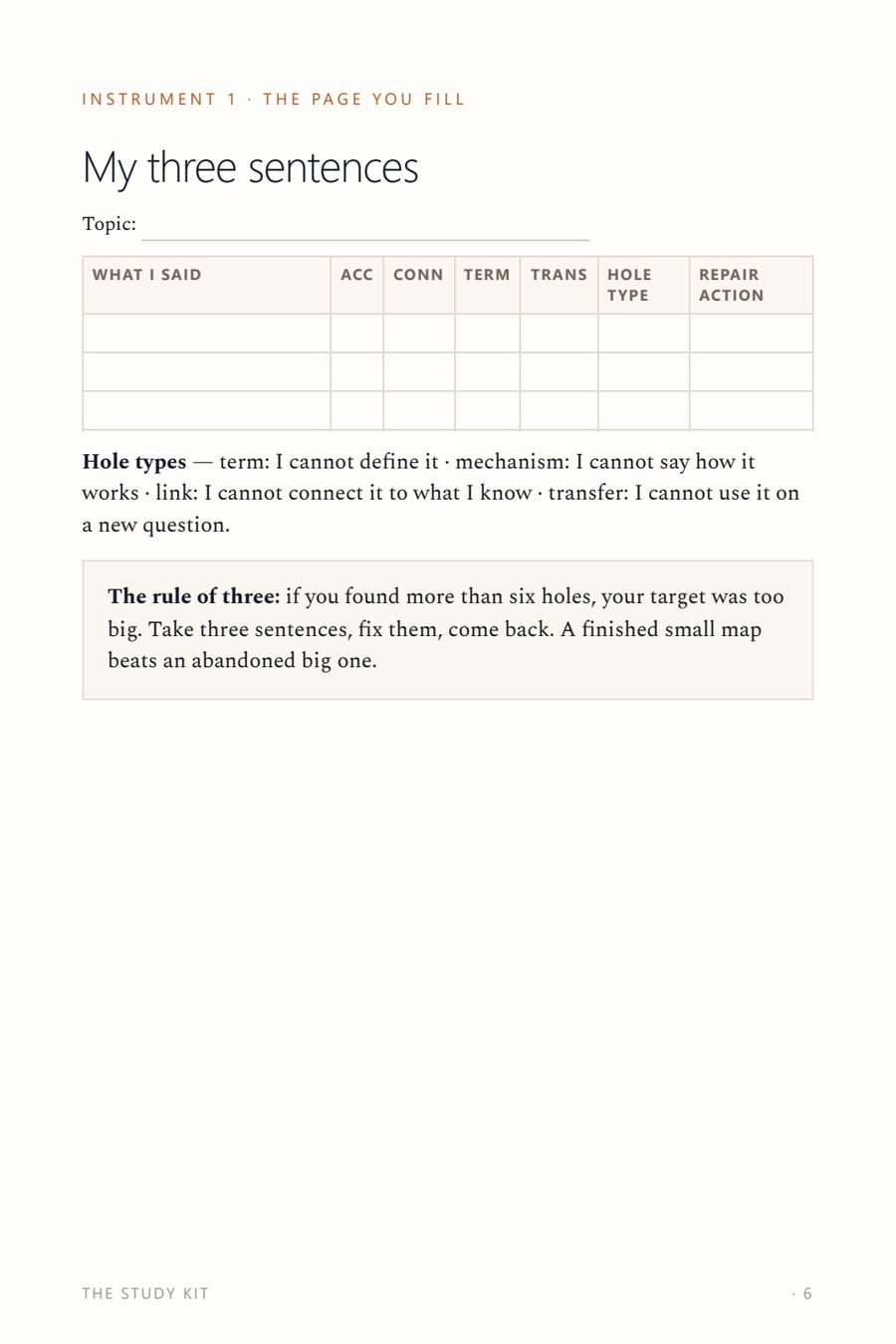 My three sentences, a page of the Study Kit